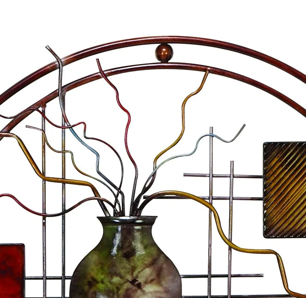 22 Inch Round Metal Wall Decor With Vase, Multicolor By Benzara