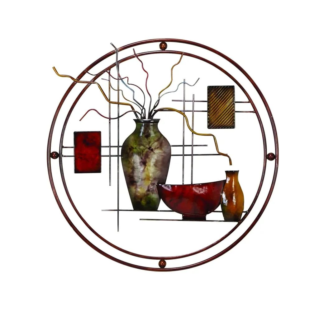 22 Inch Round Metal Wall Decor With Vase, Multicolor By Benzara