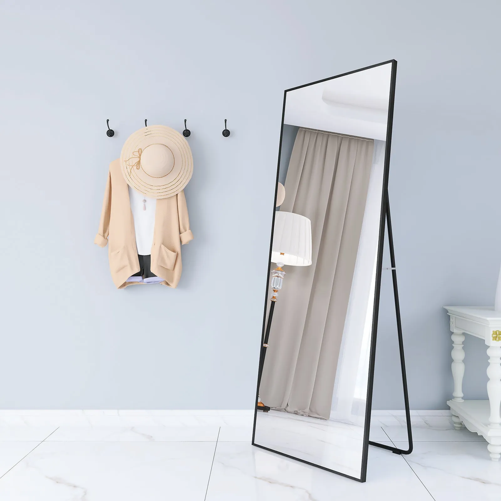 65" x 24" Full Length Mirror Hanging Standing or Leaning, Bedroom Mirror Floor Mirror Wall-Mounted Mirror with Alloy Frame, Black