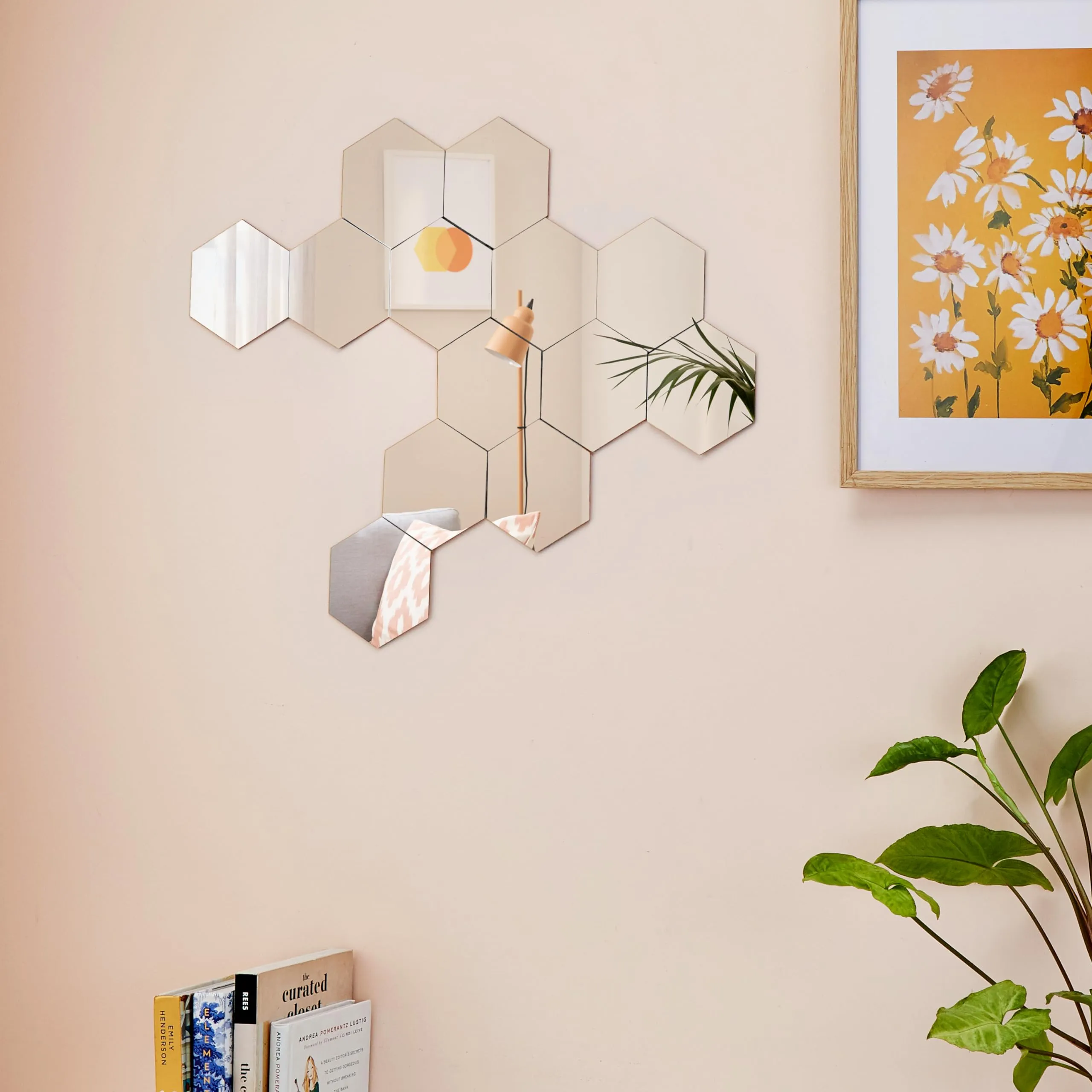 Amazon Brand - Solimo Glass Self Adhesive Hexagon Shaped Acrylic Hexagonal Mirror for Wall Décor (Set of 20) | Silver