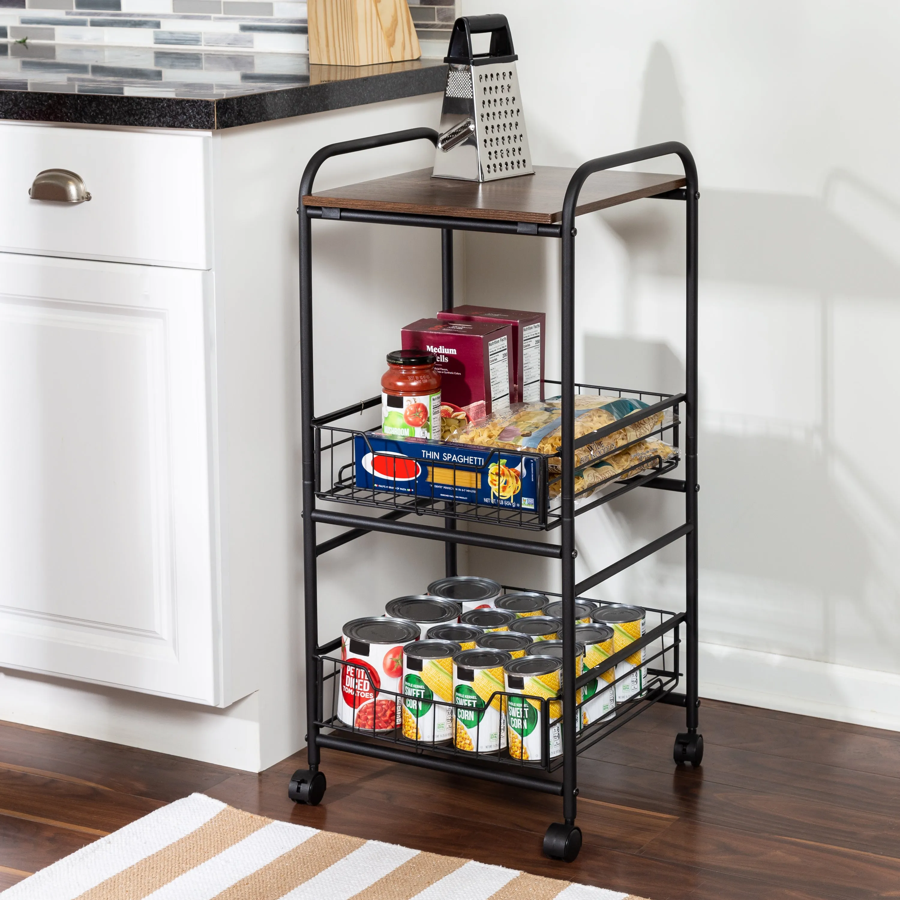 Black/Natural 3-Tier Slim Rolling Cart with Metal Basket Drawers
