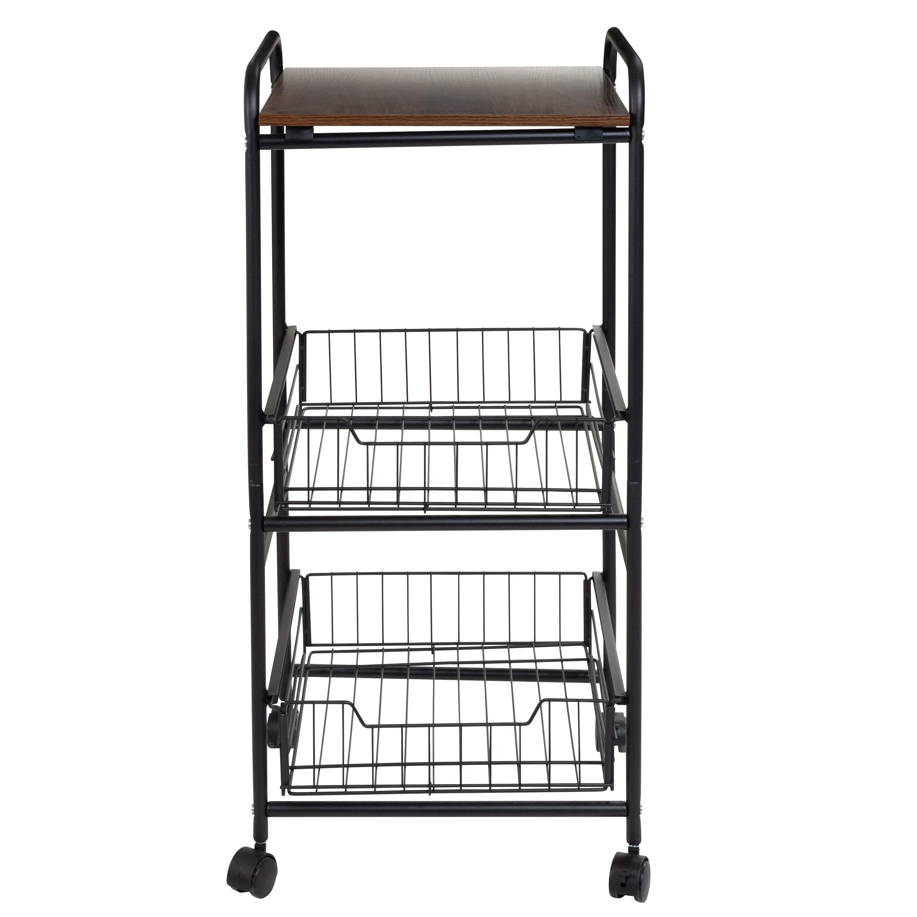 Black/Natural 3-Tier Slim Rolling Cart with Metal Basket Drawers