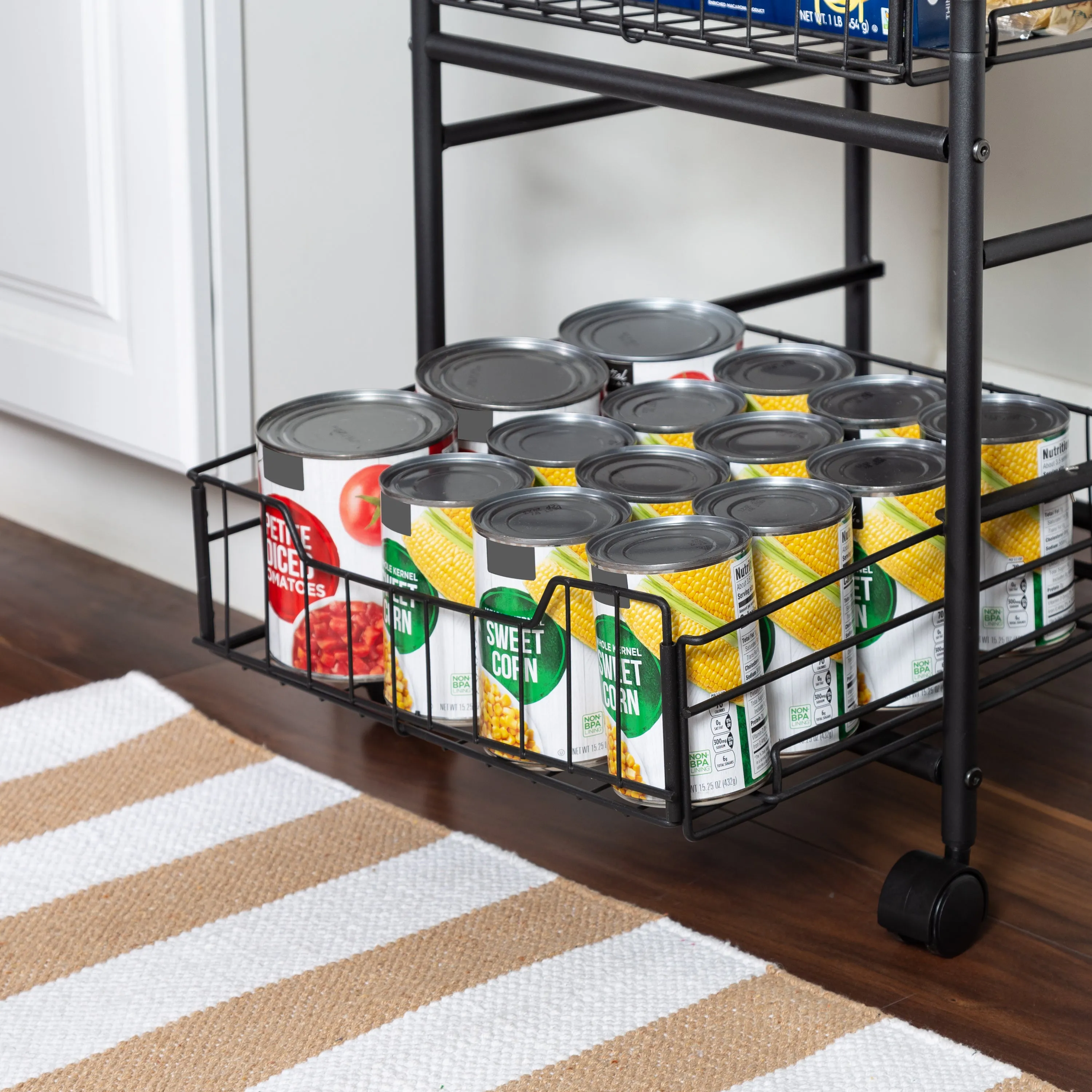 Black/Natural 3-Tier Slim Rolling Cart with Metal Basket Drawers