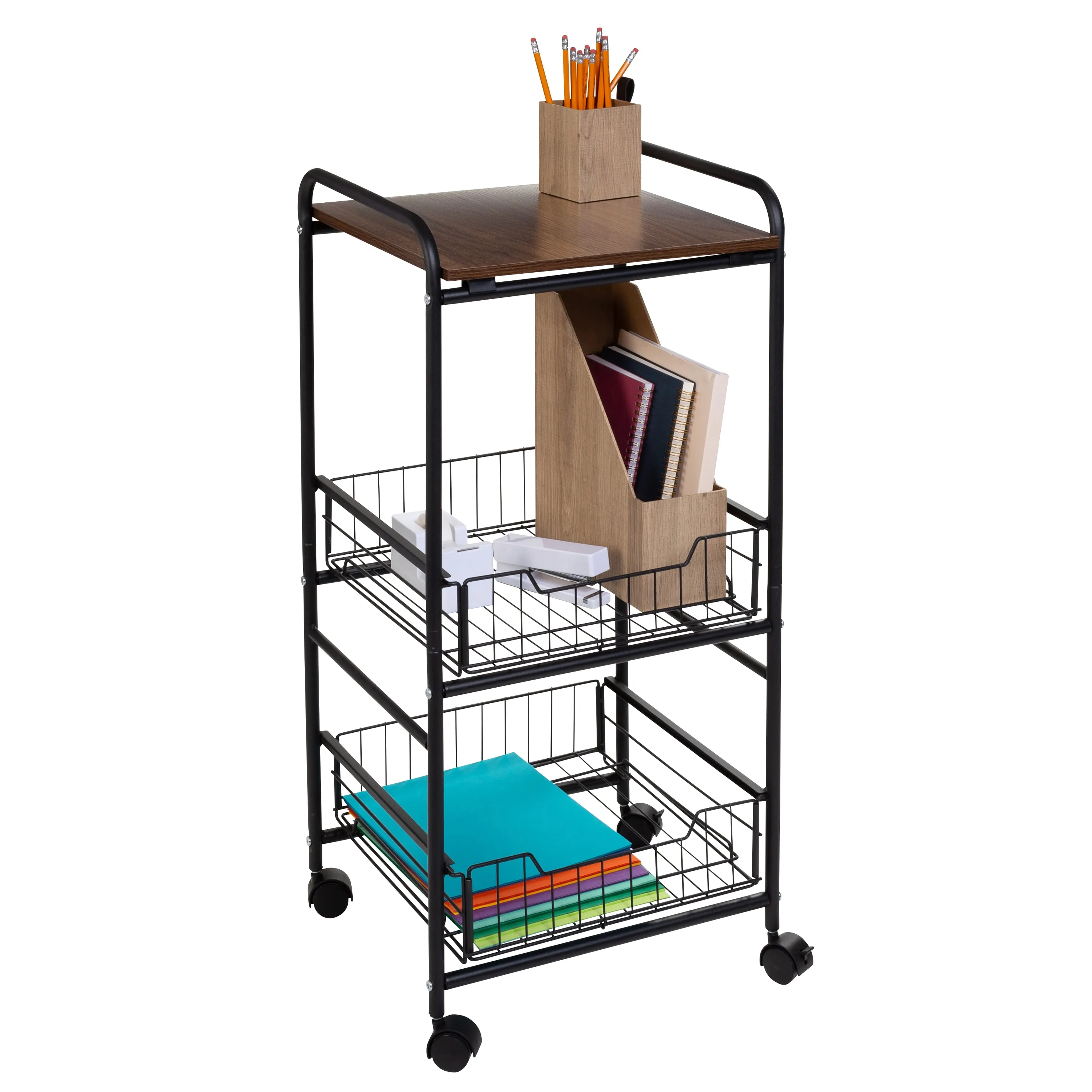 Black/Natural 3-Tier Slim Rolling Cart with Metal Basket Drawers