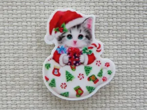Christmas Kitty in a Teacup Needle Minder, Cover Minder, Magnet