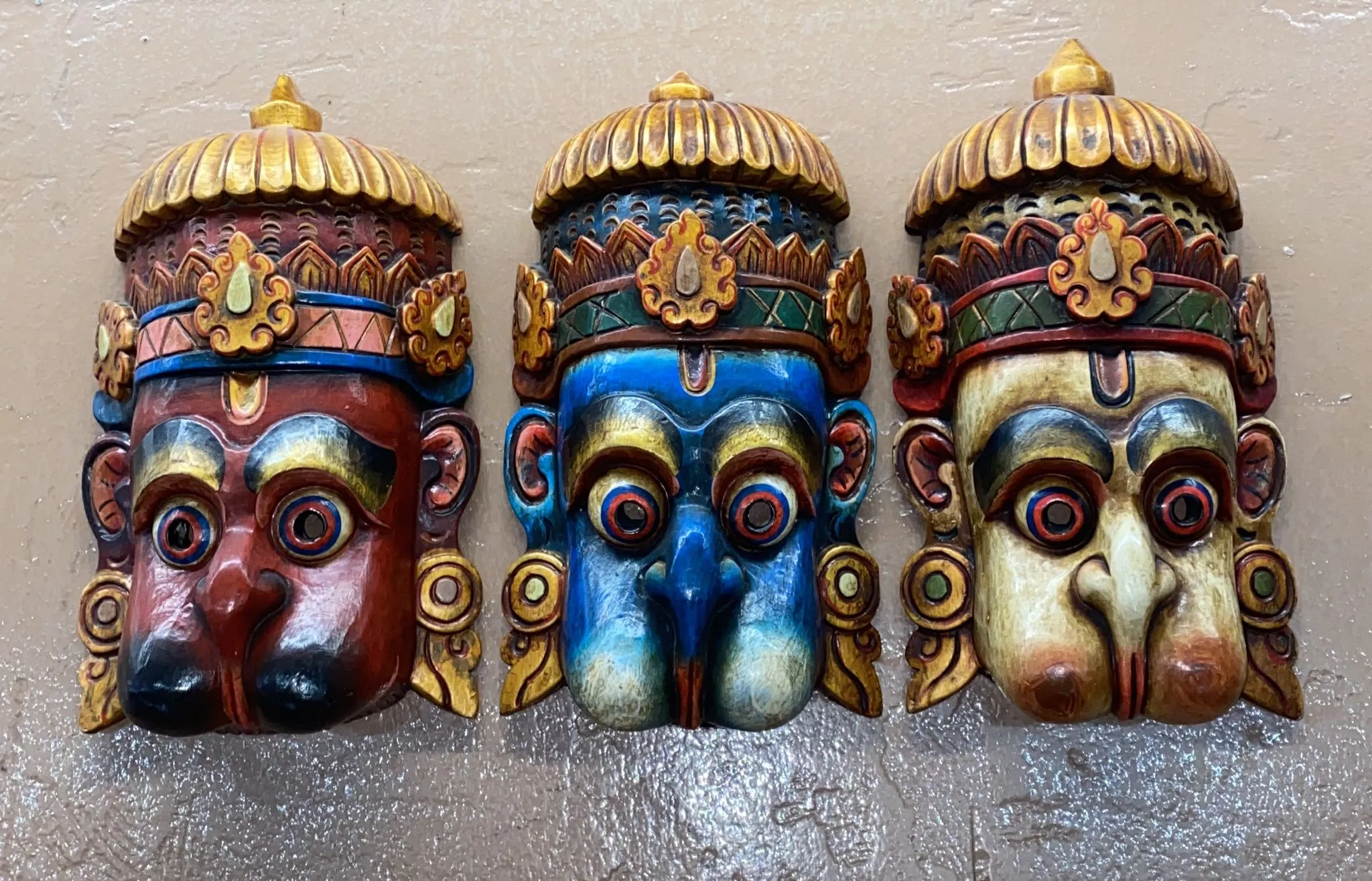 Crowned Hanuman Hand-Carved Wooden Mask (XL)