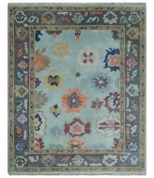 Custom Made Vibrant Colorful Aqua, Blue, Purple and Gray Hand Knotted Traditional Oushak Wool Area Rug