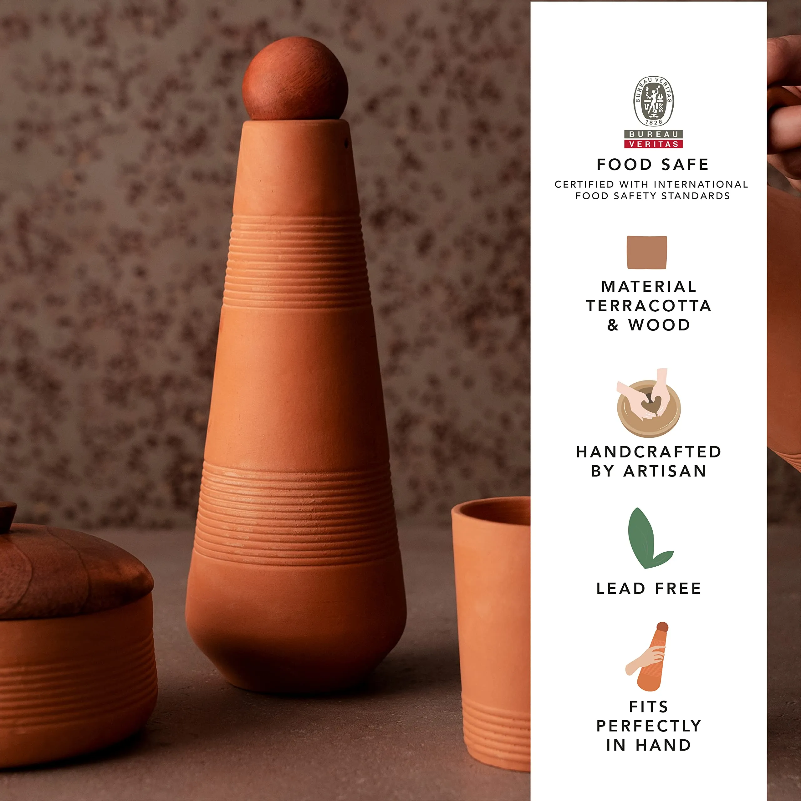 Ellementry Terracotta Clay Water Bottle with Sphere Stopper- 650 ML | Leak Proof Mitti Bottle for Natural Cool Water | Handmade Earthen Eco-Friendly Cooling Drinking Water Storage