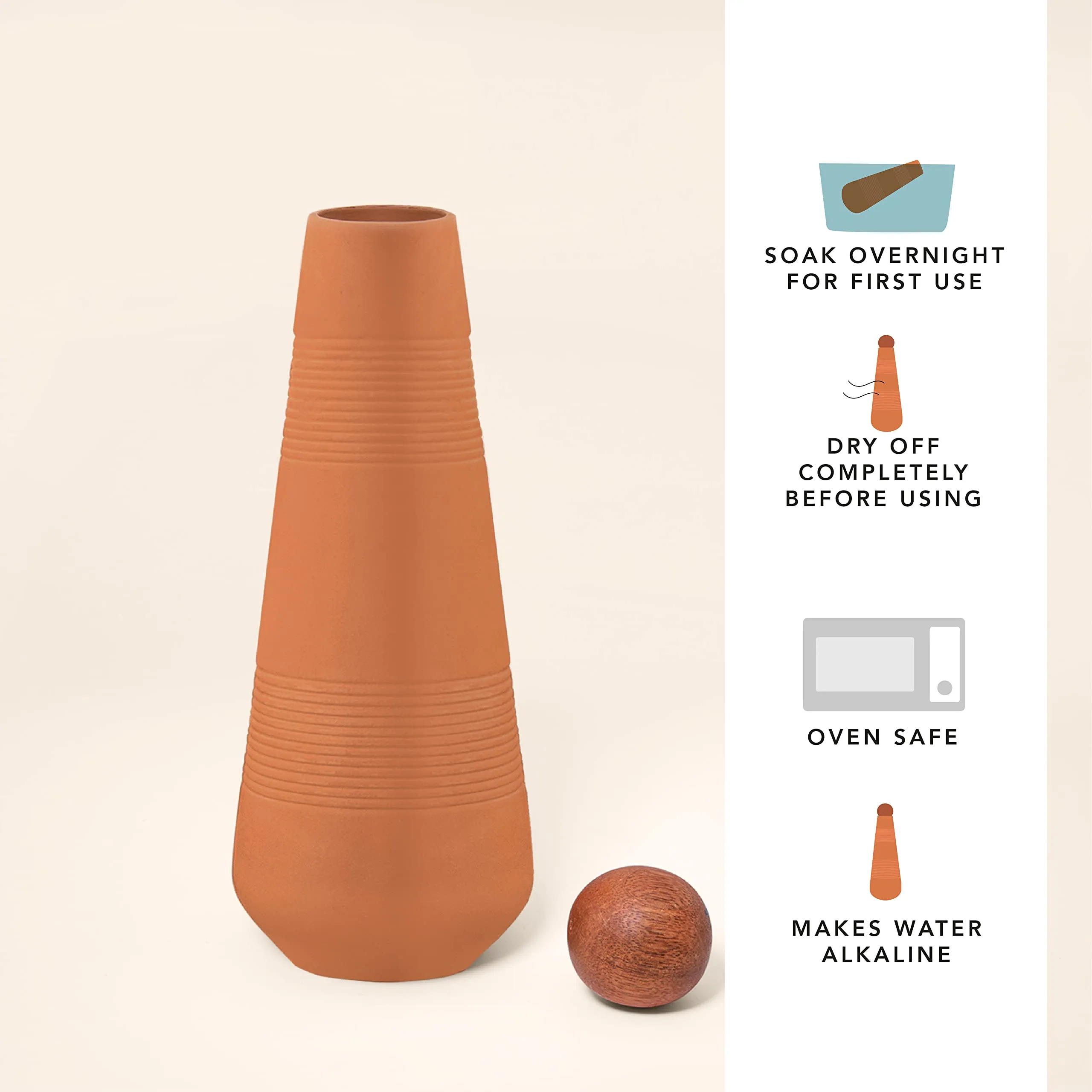Ellementry Terracotta Clay Water Bottle with Sphere Stopper- 650 ML | Leak Proof Mitti Bottle for Natural Cool Water | Handmade Earthen Eco-Friendly Cooling Drinking Water Storage