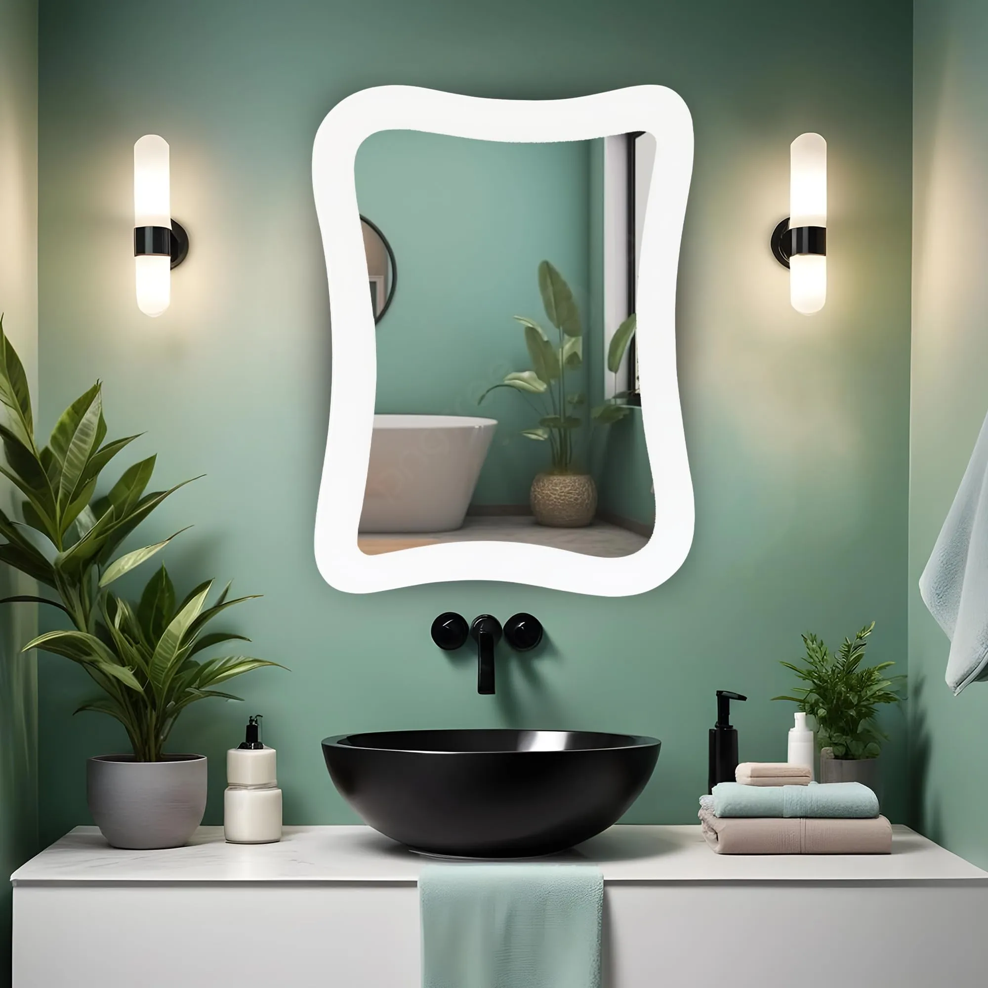 Germa Sanitarywares Amoeba Shape Wall Mounted White Lacquared Frameless Mirror with Beveled Edges/White Wall Mirror for Bathroom/Living Room/Bed Room/Dressing Room – 18x24inch