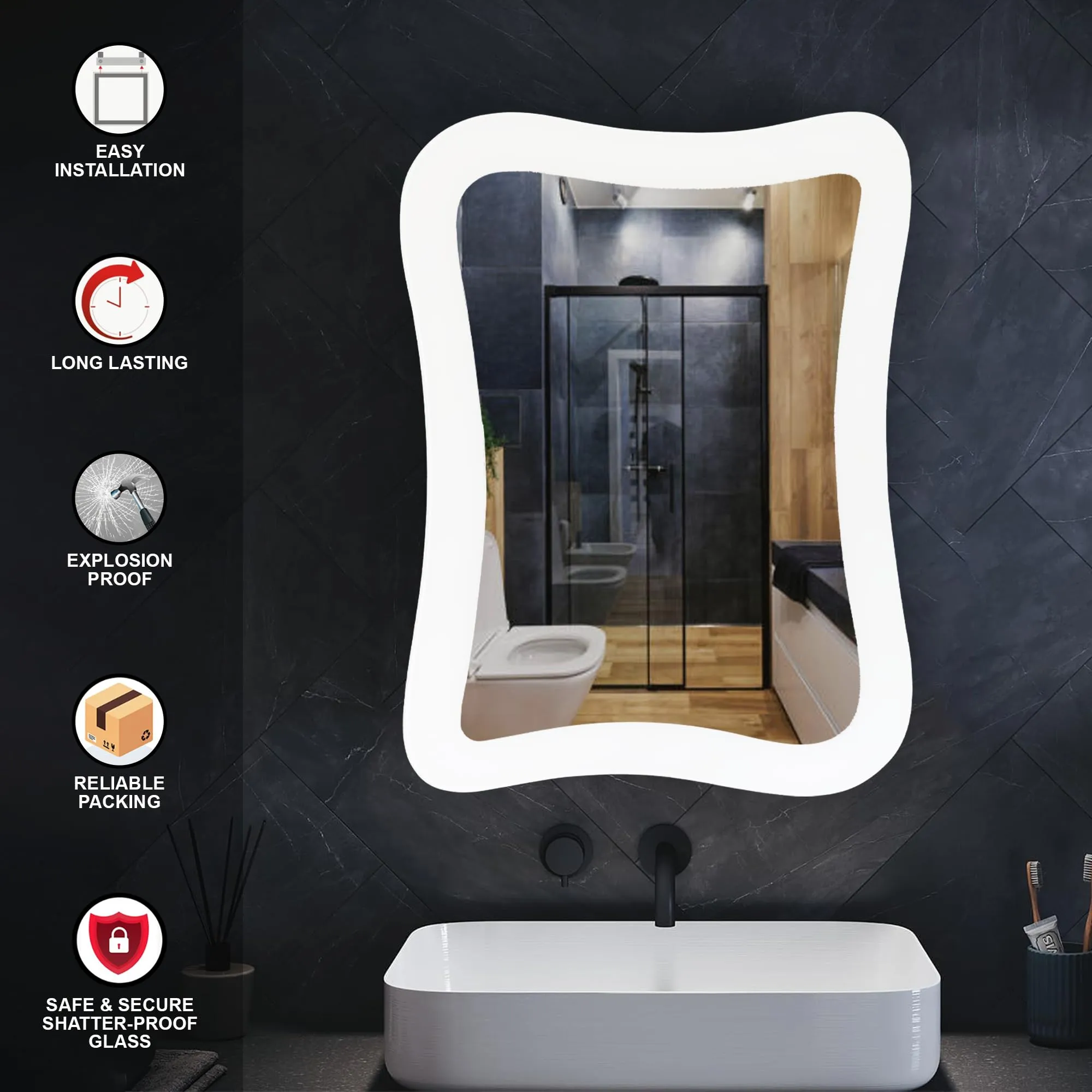 Germa Sanitarywares Amoeba Shape Wall Mounted White Lacquared Frameless Mirror with Beveled Edges/White Wall Mirror for Bathroom/Living Room/Bed Room/Dressing Room – 18x24inch