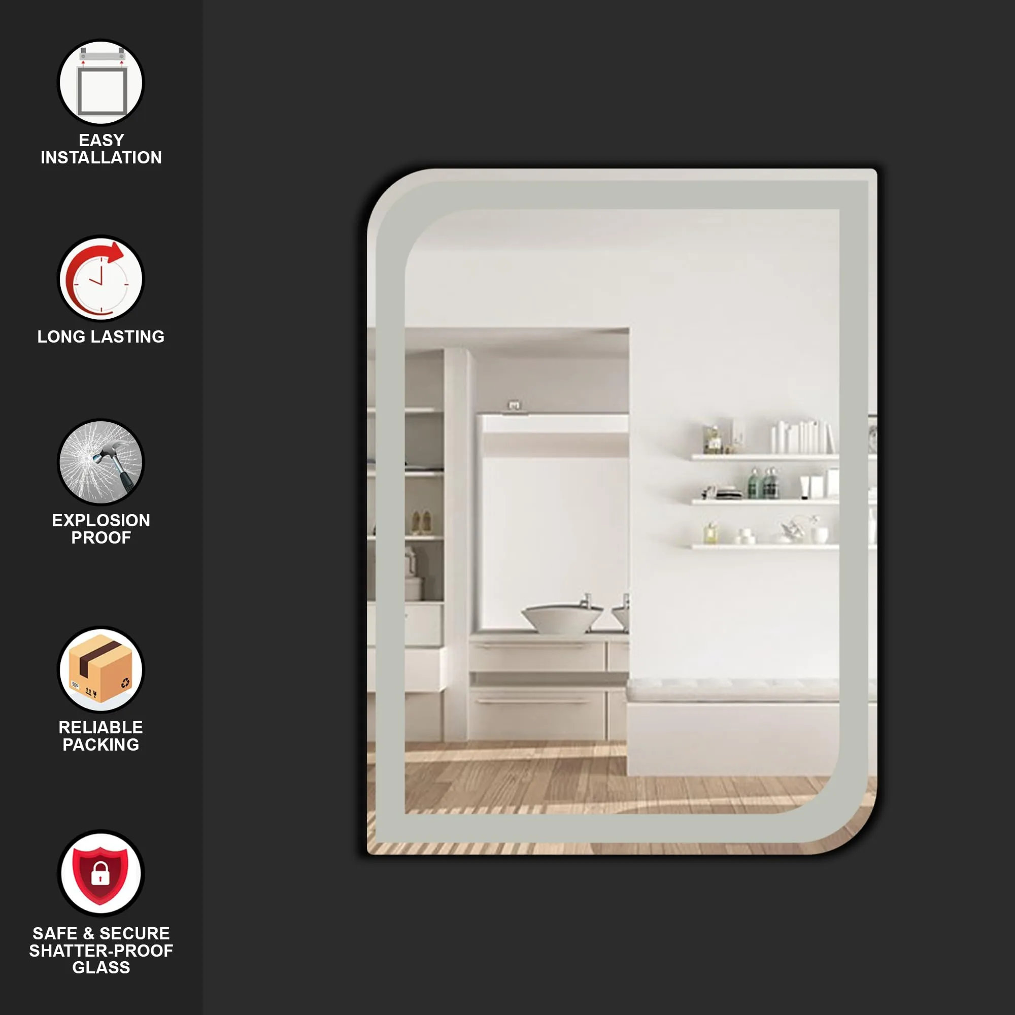 Germa Sanitarywares One Side Curve Edge & Rectangular Wall Mounted Frameless Frosted Mirror with Beveled Edges/Wall Mirror for Bathroom/Living Room/Bed Room/Dressing Room (18x24inch)