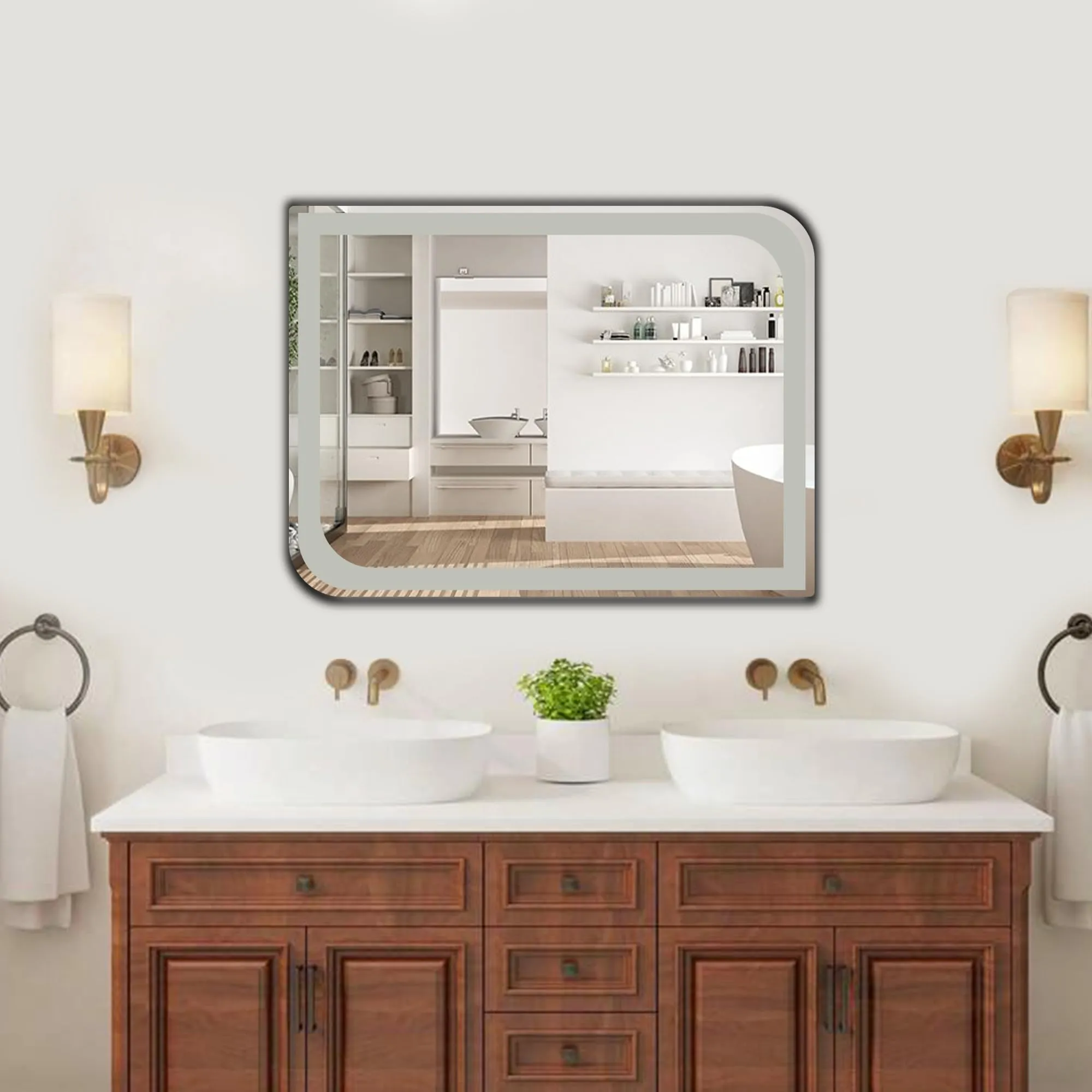 Germa Sanitarywares One Side Curve Edge & Rectangular Wall Mounted Frameless Frosted Mirror with Beveled Edges/Wall Mirror for Bathroom/Living Room/Bed Room/Dressing Room (18x24inch)