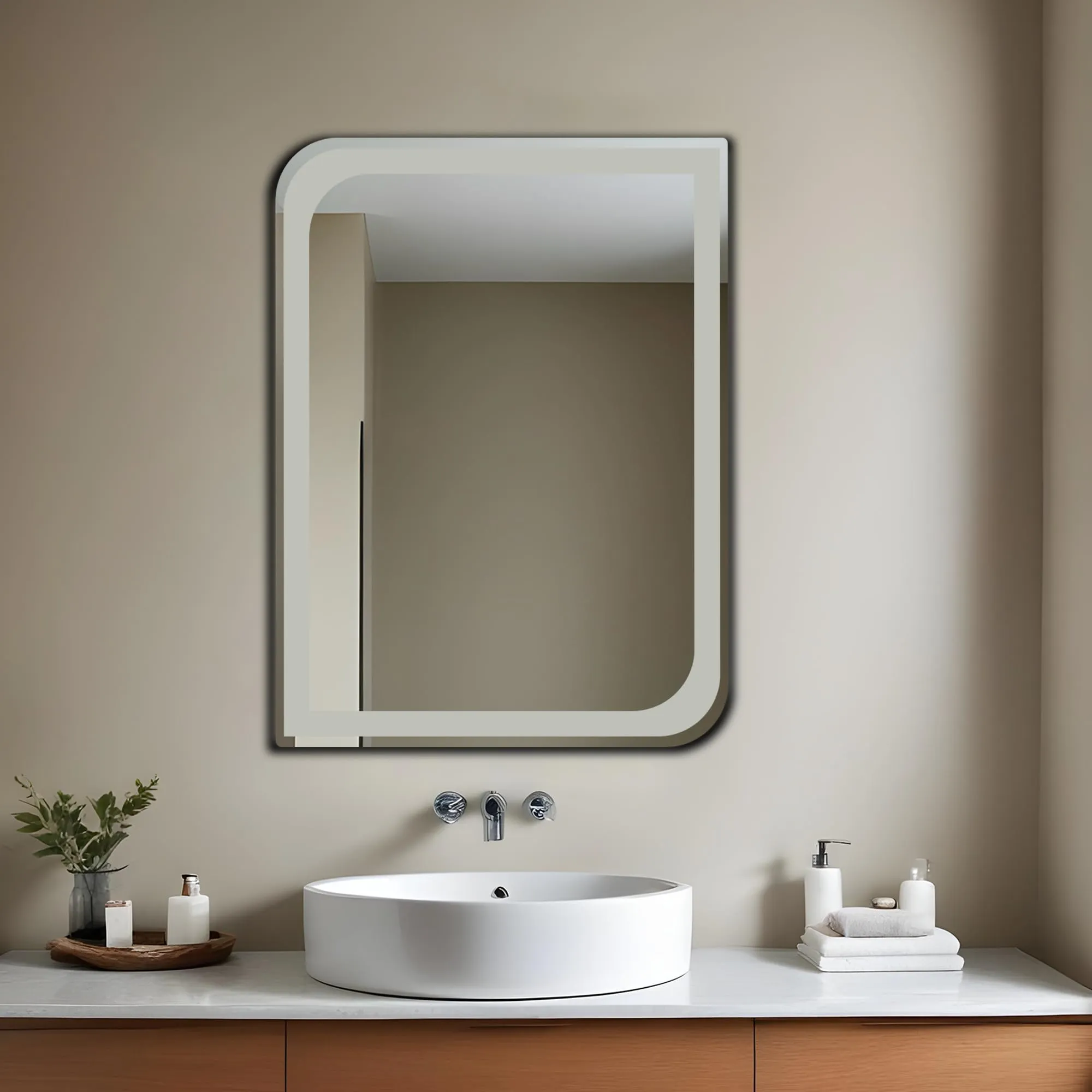 Germa Sanitarywares One Side Curve Edge & Rectangular Wall Mounted Frameless Frosted Mirror with Beveled Edges/Wall Mirror for Bathroom/Living Room/Bed Room/Dressing Room (18x24inch)