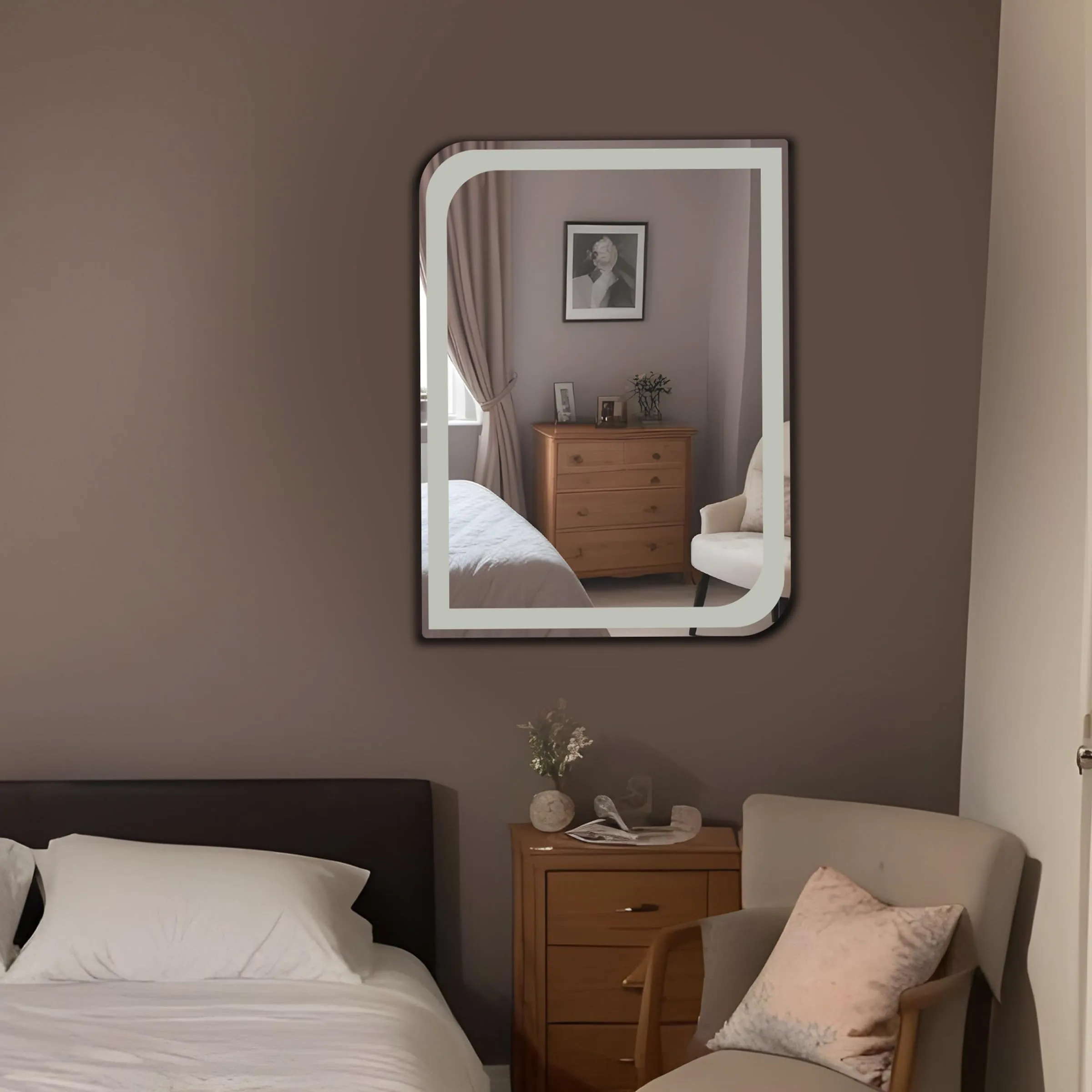 Germa Sanitarywares One Side Curve Edge & Rectangular Wall Mounted Frameless Frosted Mirror with Beveled Edges/Wall Mirror for Bathroom/Living Room/Bed Room/Dressing Room (18x24inch)