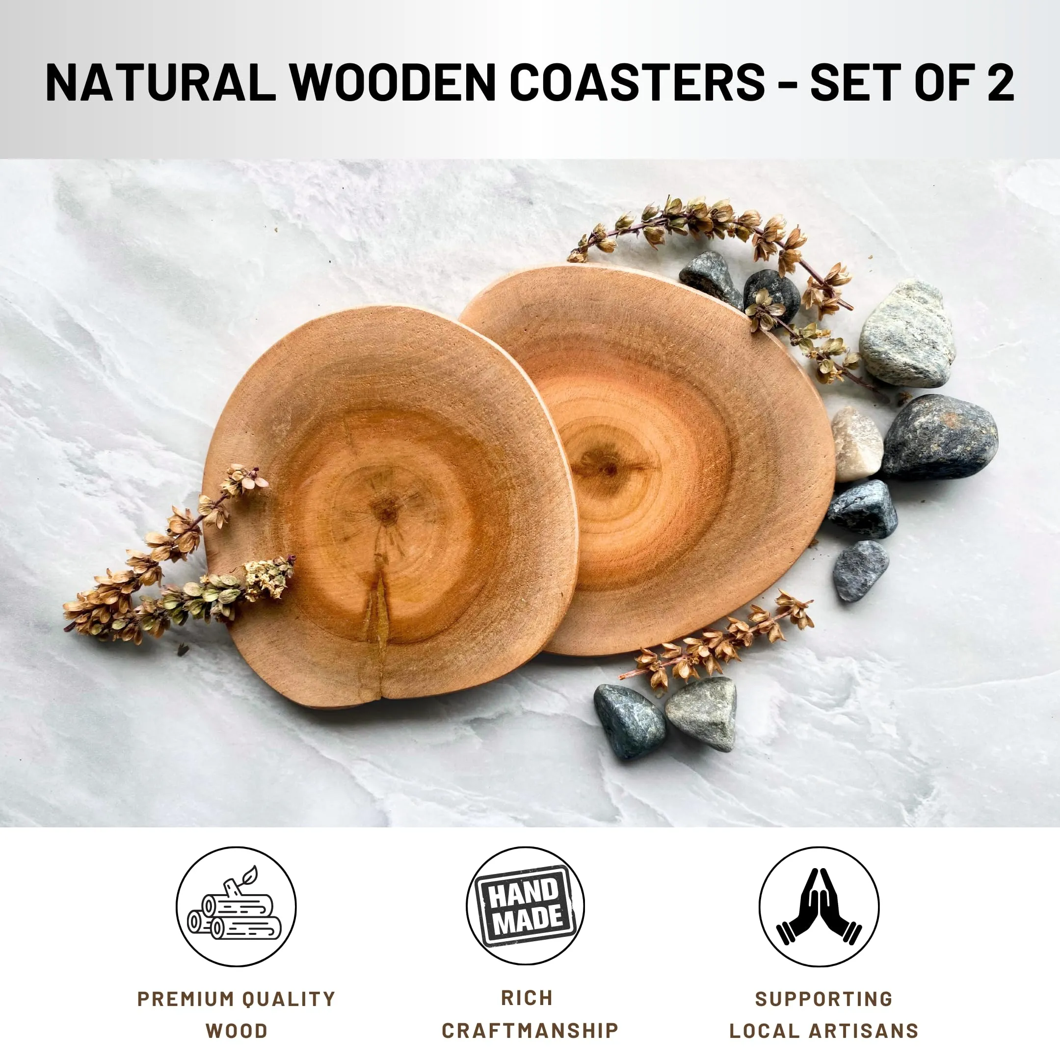 GOFURNISIA ® Rustic Natural Round Wooden Coaster Set of 2, Finished Edge, Natural Wood Color, 4 * 4 Inch