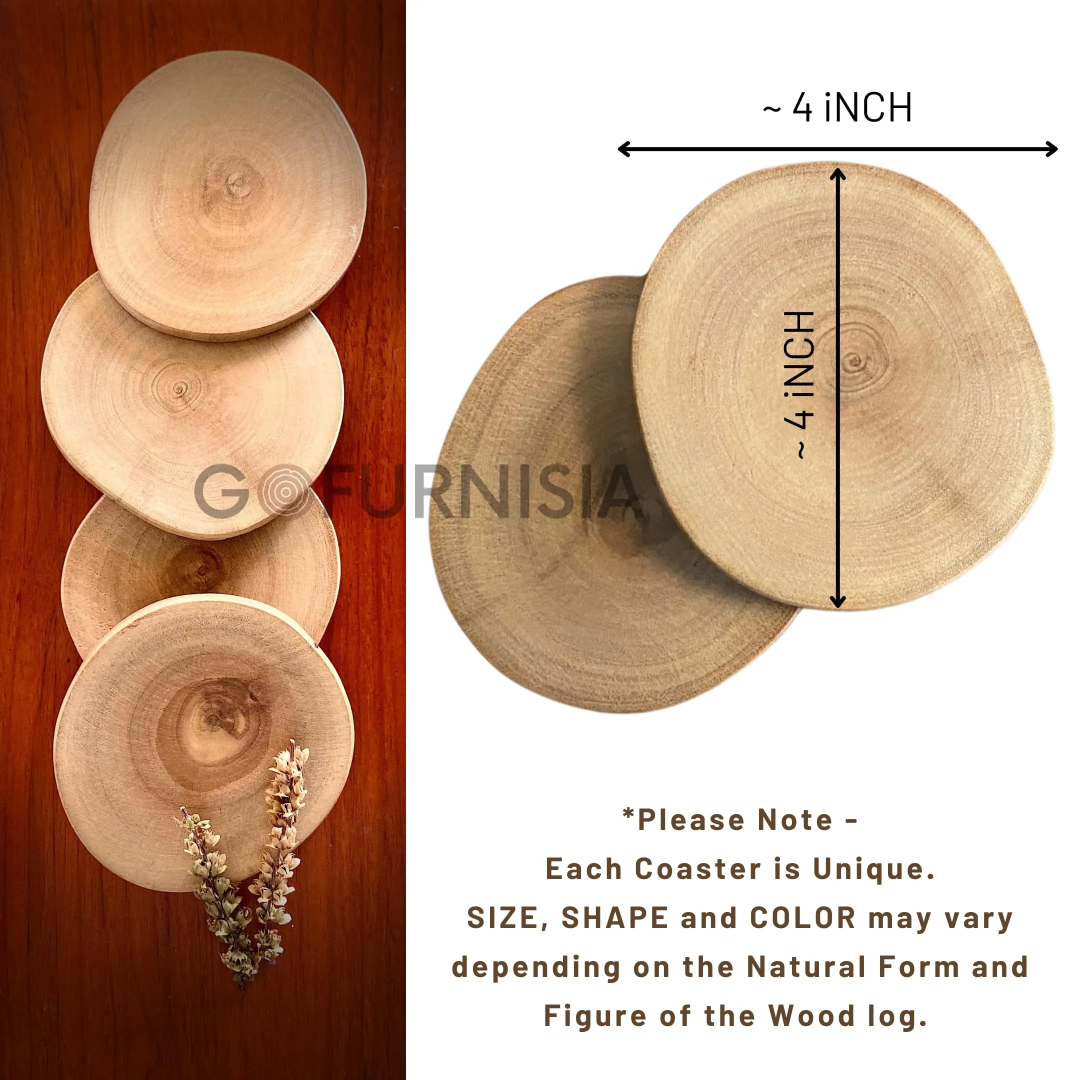 GOFURNISIA ® Rustic Natural Round Wooden Coaster Set of 2, Finished Edge, Natural Wood Color, 4 * 4 Inch