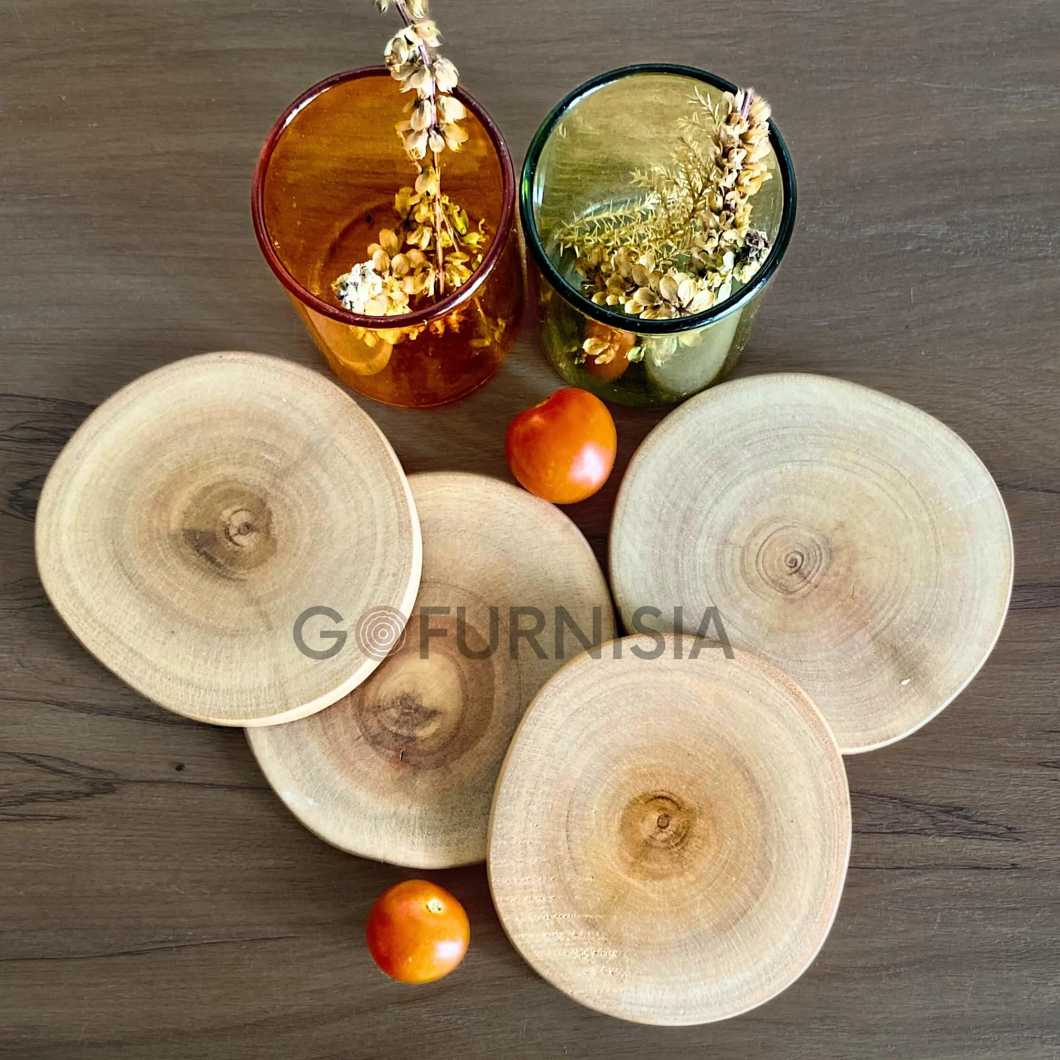 GOFURNISIA ® Rustic Natural Round Wooden Coaster Set of 2, Finished Edge, Natural Wood Color, 4 * 4 Inch