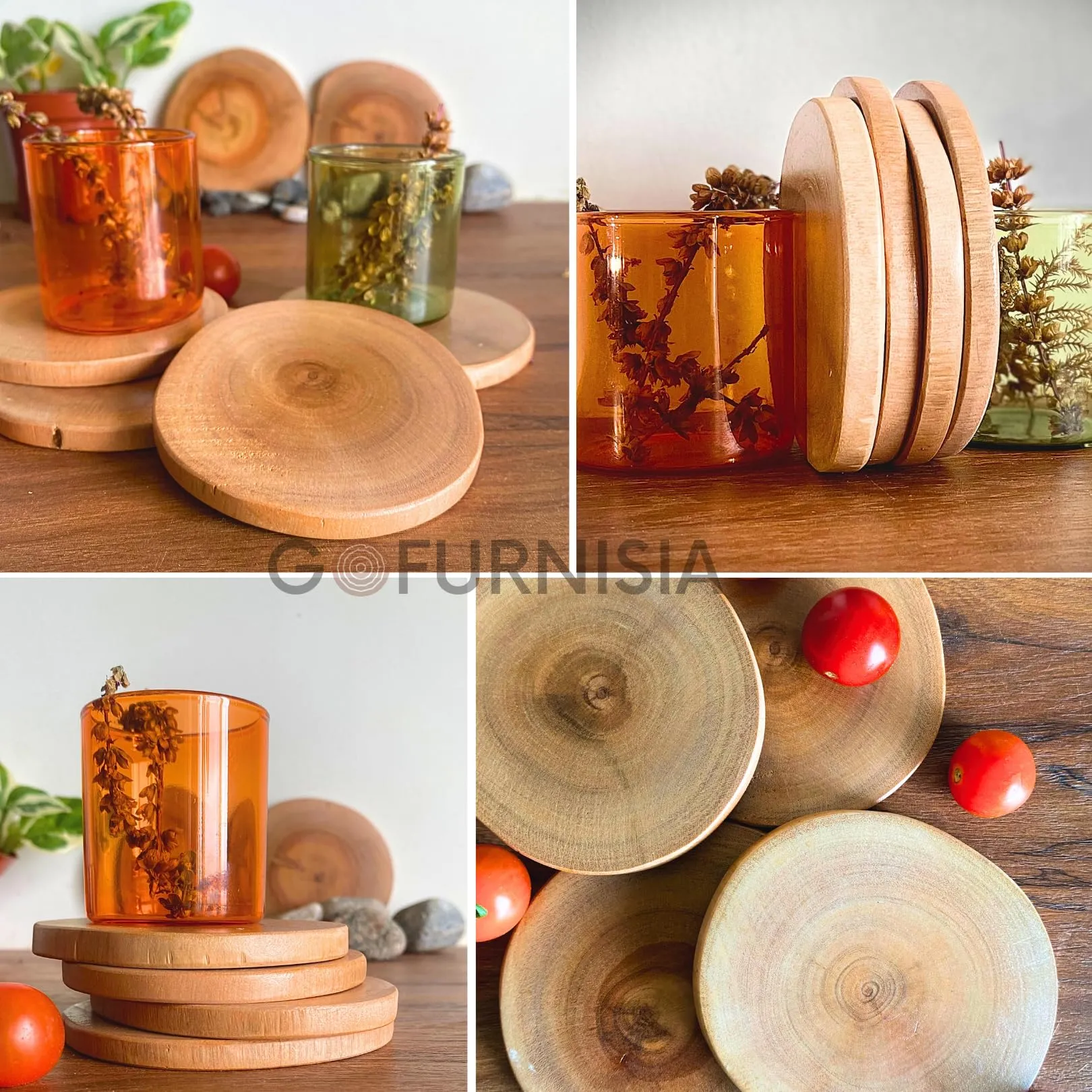GOFURNISIA ® Rustic Natural Round Wooden Coaster Set of 2, Finished Edge, Natural Wood Color, 4 * 4 Inch