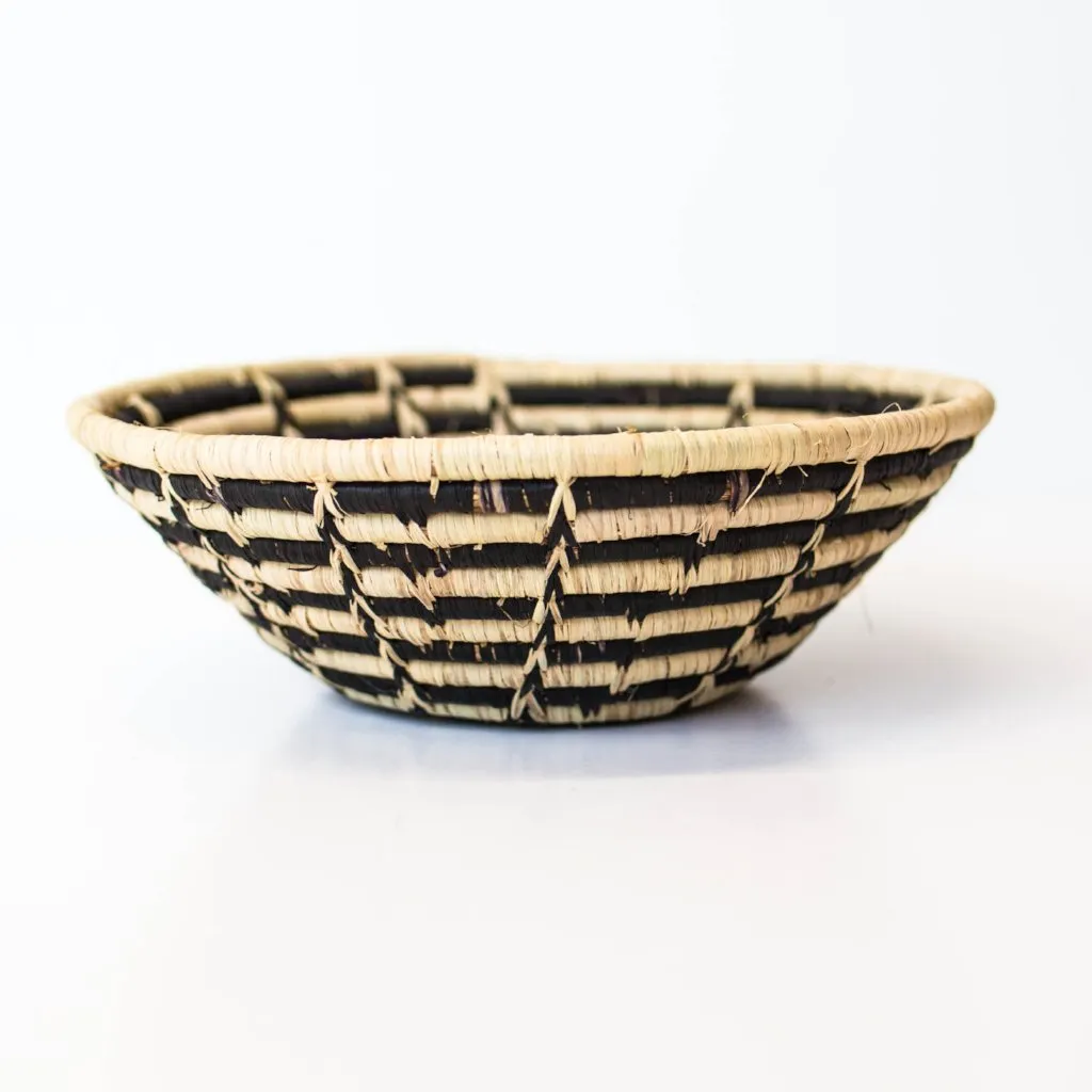 Grass-Woven Basket, Black & Natural Wheel Pattern