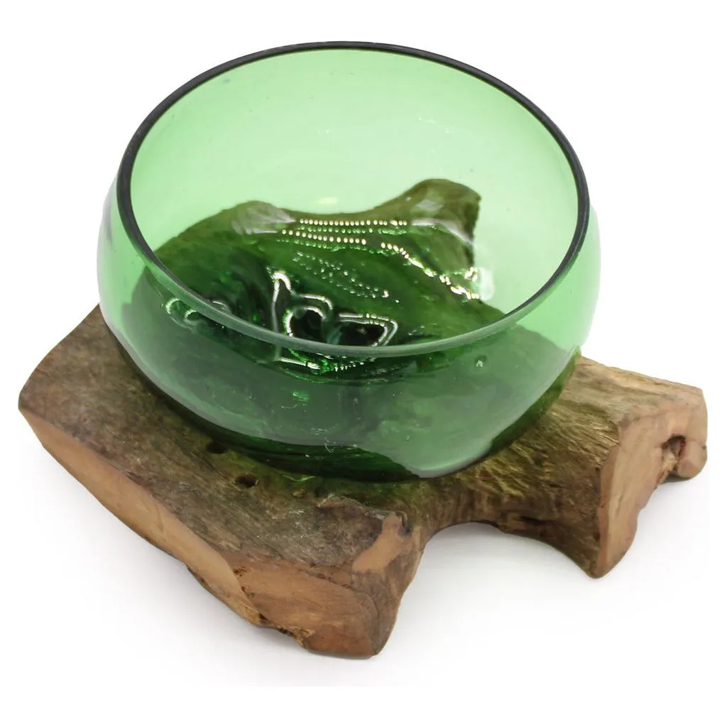 Green Glass Bowl - Recycled Beer Bottles Molton Glass on a Sustainable Wood Base