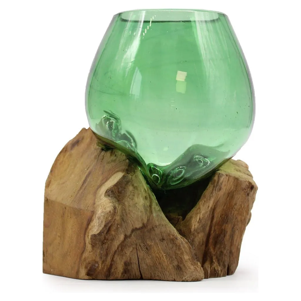 Green Glass Bowl - Recycled Beer Bottles Molton Glass on a Sustainable Wood Base
