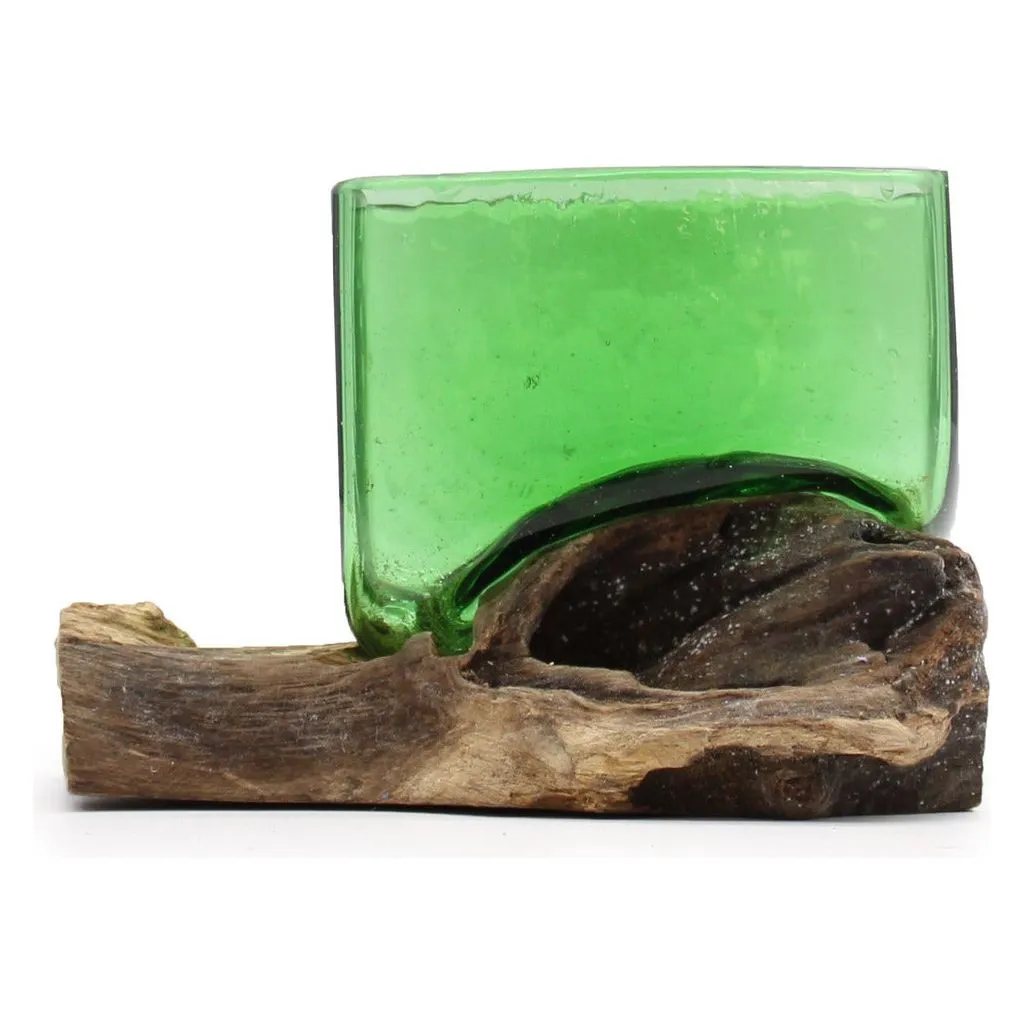 Green Glass Bowl - Recycled Beer Bottles Molton Glass on a Sustainable Wood Base