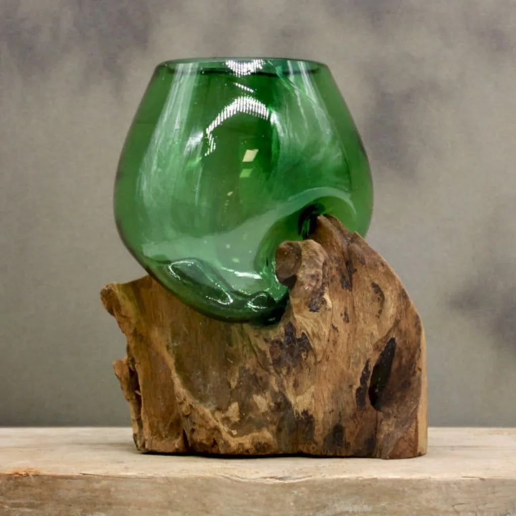 Green Glass Bowl - Recycled Beer Bottles Molton Glass on a Sustainable Wood Base