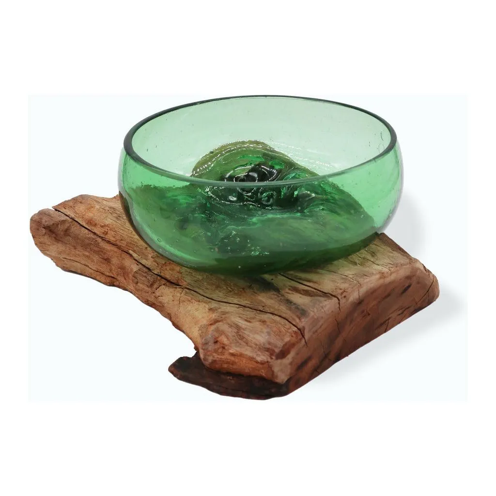 Green Glass Bowl - Recycled Beer Bottles Molton Glass on a Sustainable Wood Base