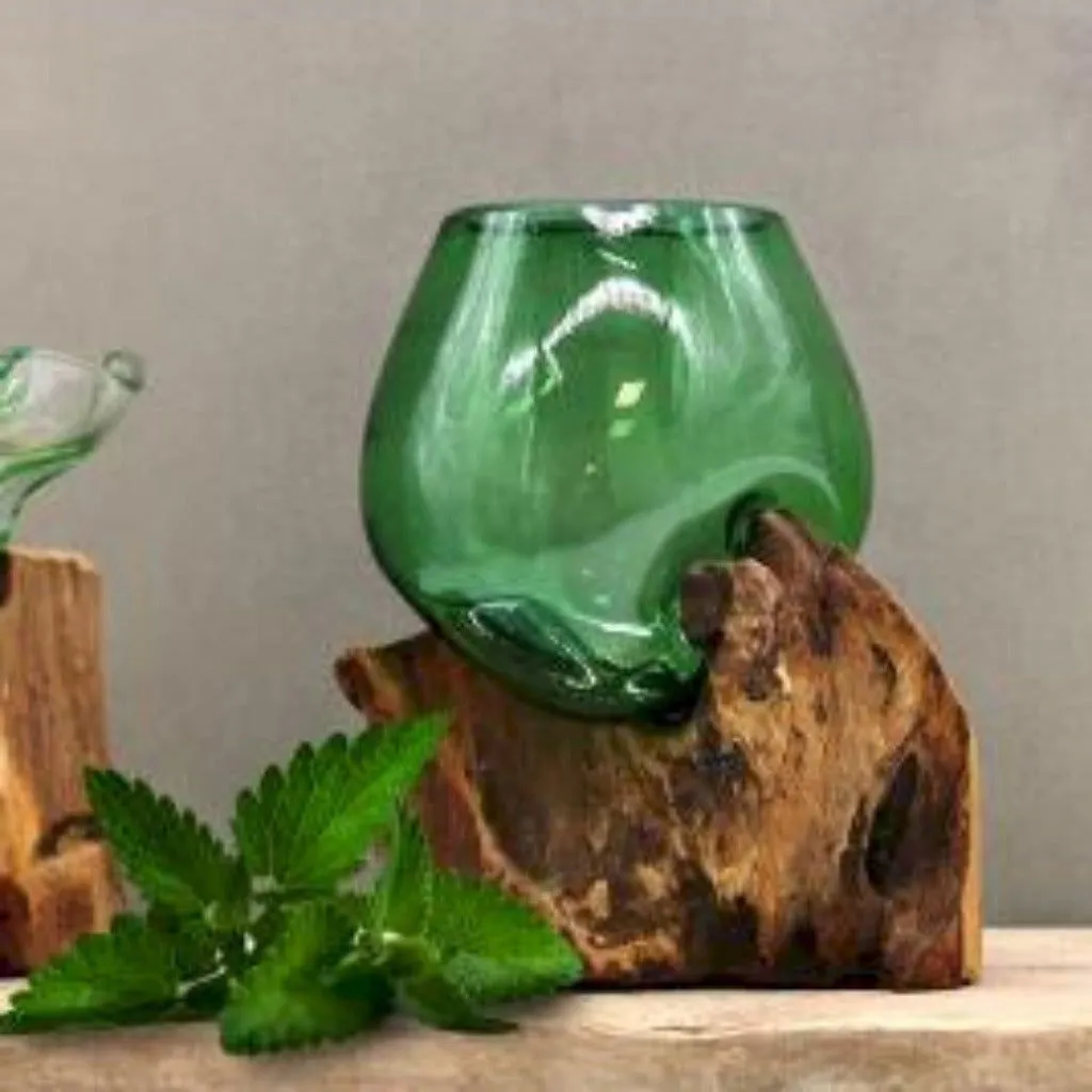 Green Glass Bowl - Recycled Beer Bottles Molton Glass on a Sustainable Wood Base