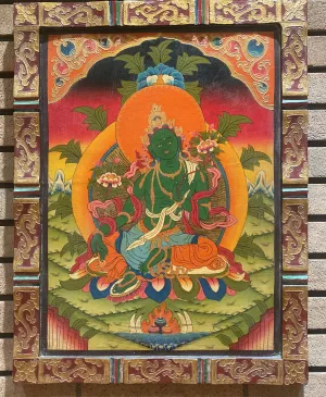 Green Tara Framed Wooden Thangka w/ Relief Painting