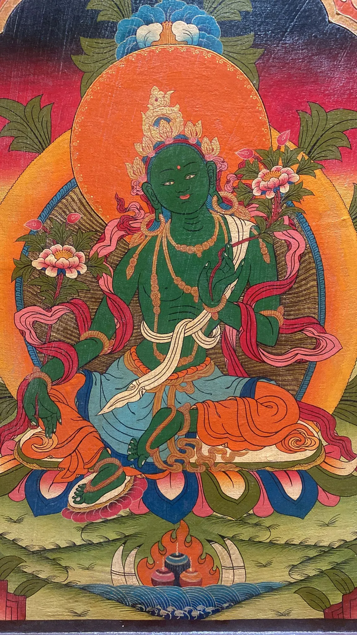 Green Tara Framed Wooden Thangka w/ Relief Painting
