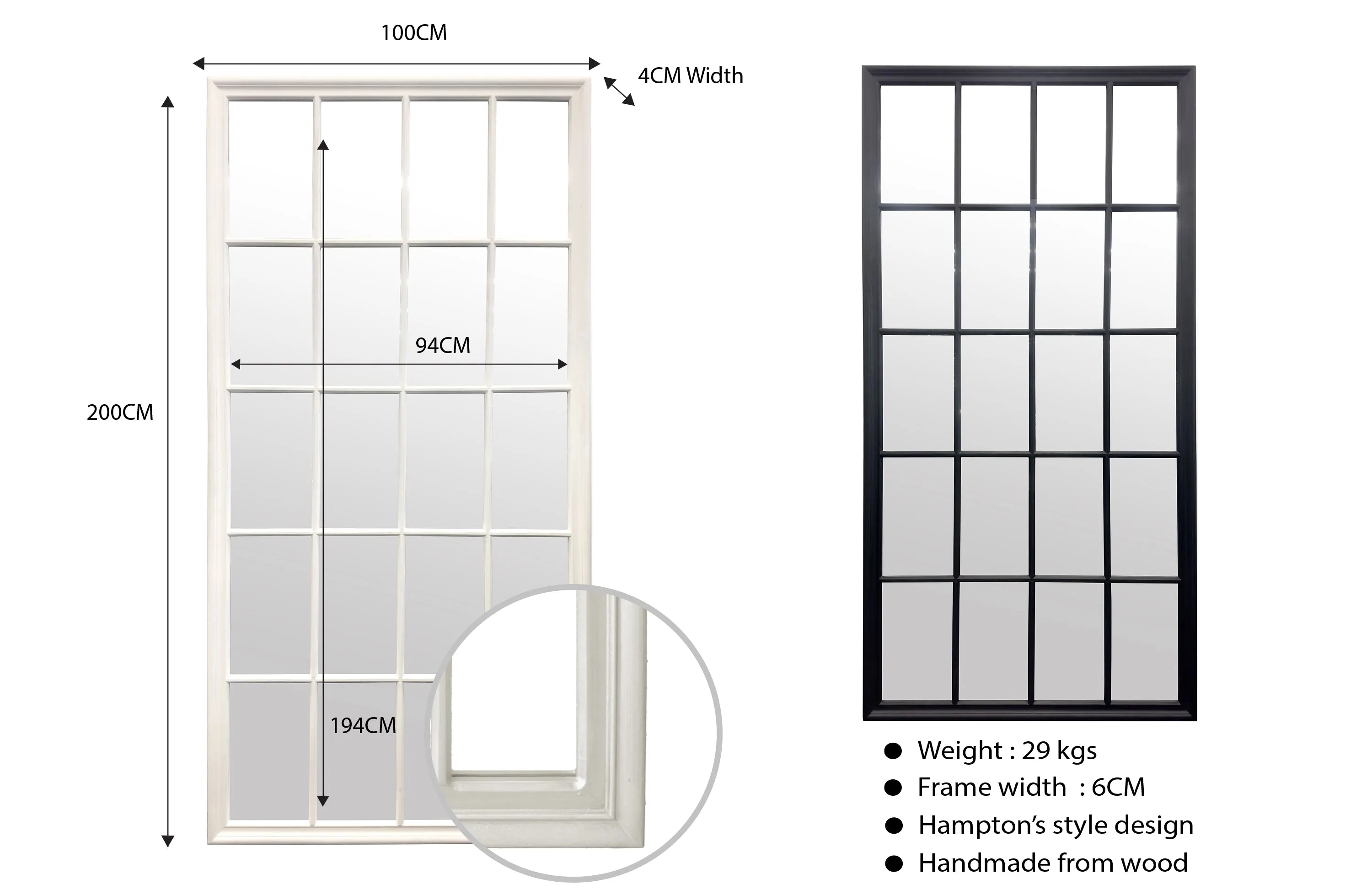 Hampton's Window Style Mirrors Range - 4 Sizes Available