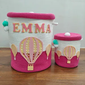 Jute Cotton Storage Basket  with Lid - Rosy Skies