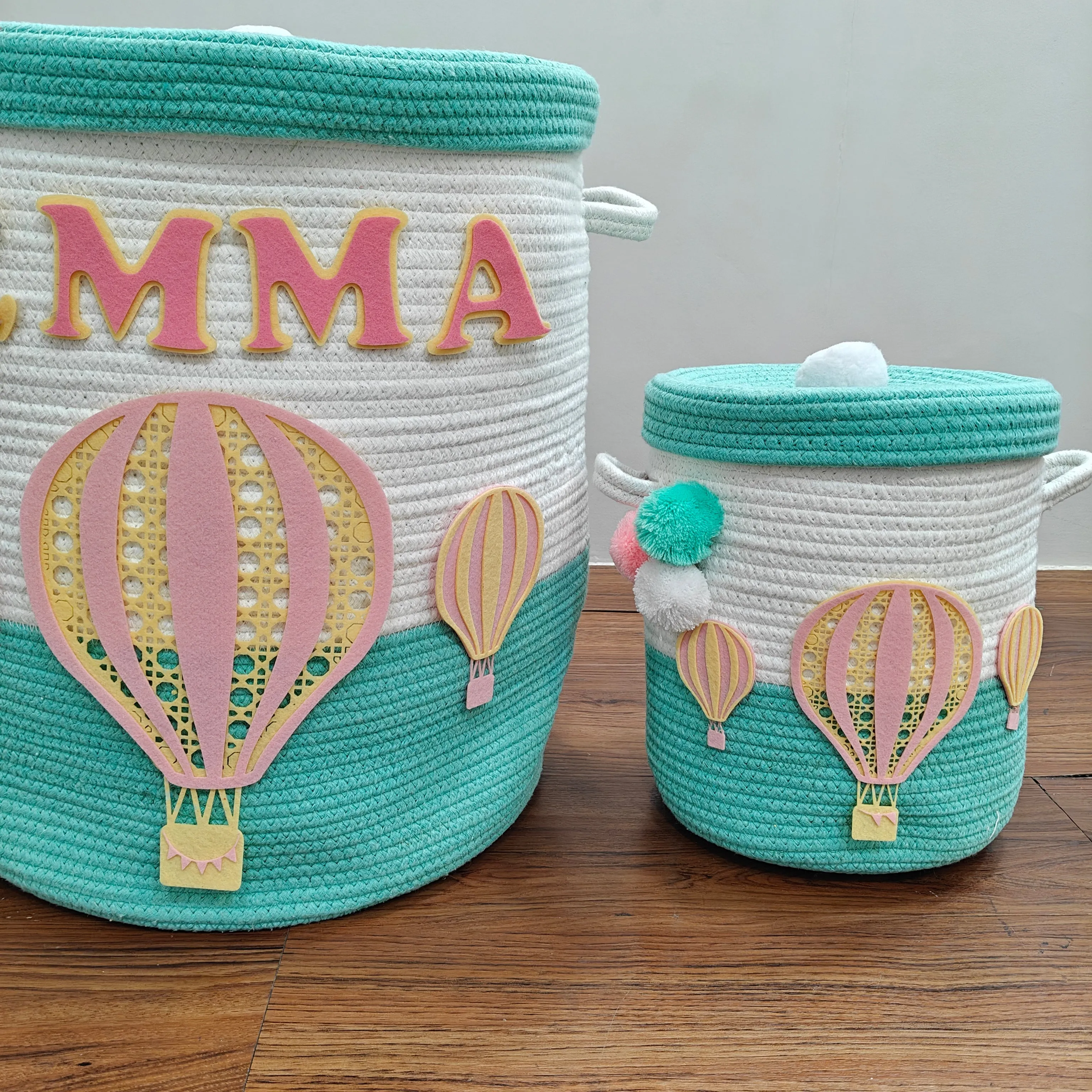 Jute Cotton Storage Basket  with Lid - Up & Aqua