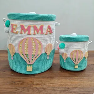 Jute Cotton Storage Basket  with Lid - Up & Aqua