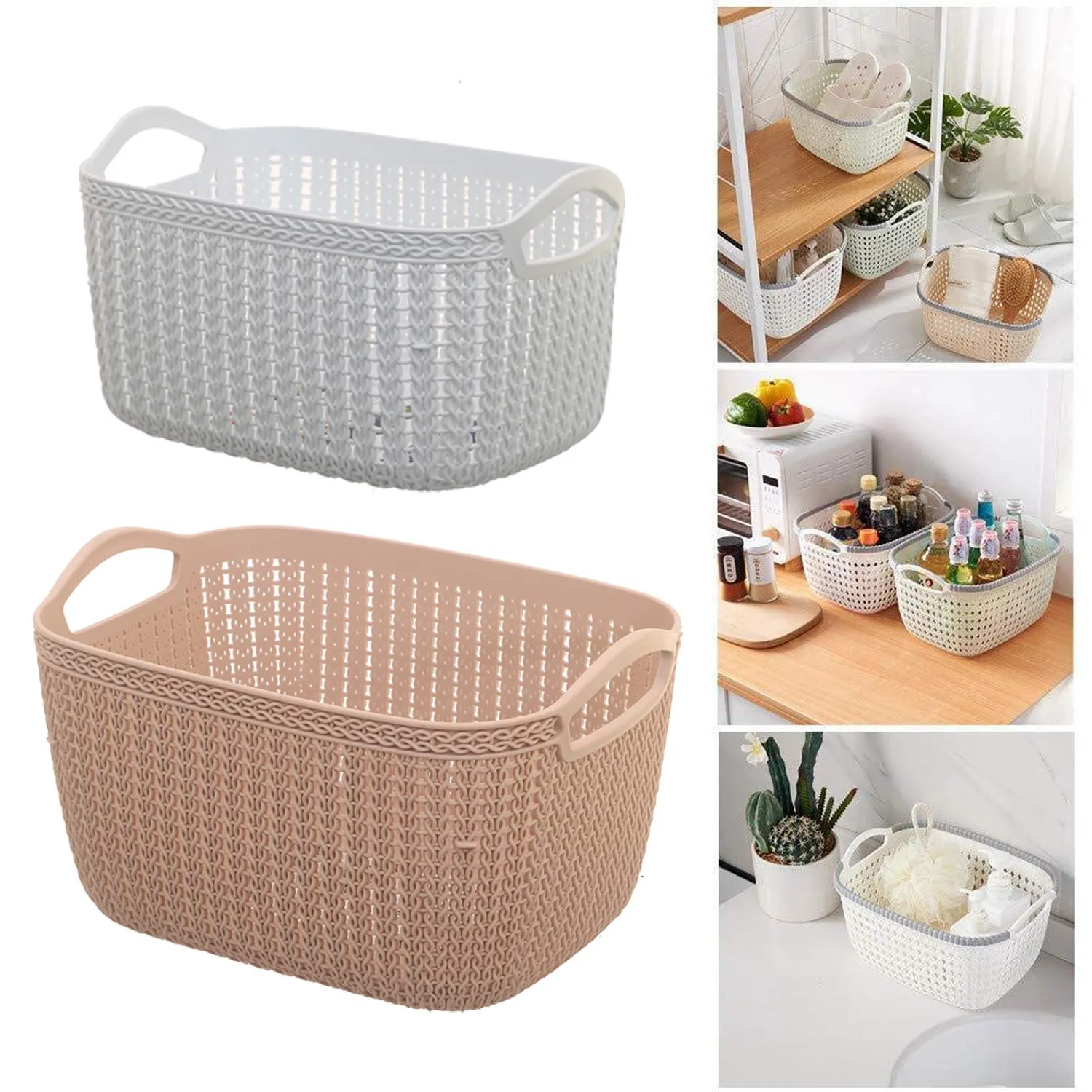Kuber Industries Plastic 2 Pieces Multipurpose Large and Medium Size Flexible Storage Baskets/Fruit Vegetable Kitchen Organizer with Handles (White and Peach) - CTKTC030635