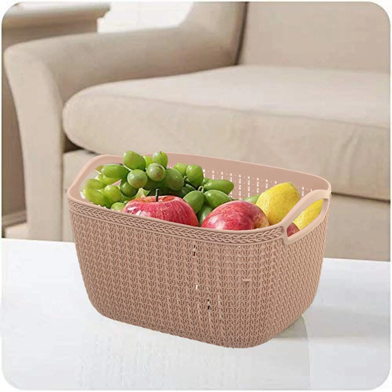 Kuber Industries Plastic 2 Pieces Multipurpose Large and Medium Size Flexible Storage Baskets/Fruit Vegetable Kitchen Organizer with Handles (White and Peach) - CTKTC030635