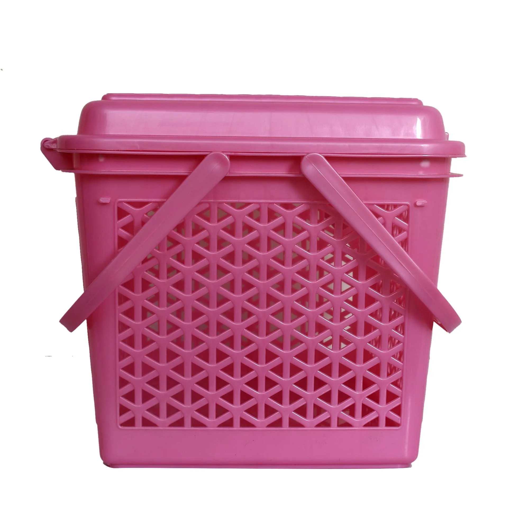 Kuber Industries Plastic Multipurpose Trendy Shopping Big Basket with Lid (Pink)