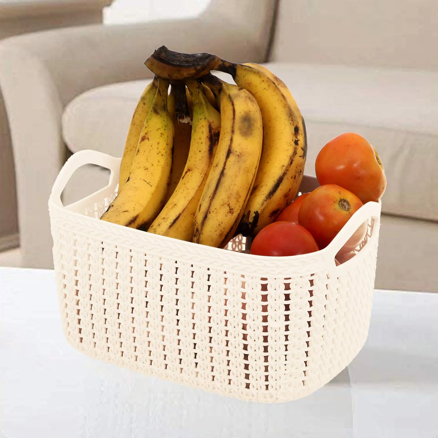 Kuber Industries Unbreakable Plastic Multipurpose Medium Size Flexible Storage Baskets/Fruit Vegetable Bathroom Stationary Home Basket with Handles (Cream) -CTLTC039053