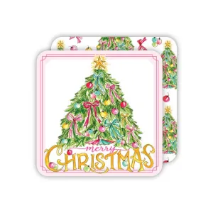 Merry Christmas Tree Bows Ornaments Square Coaster