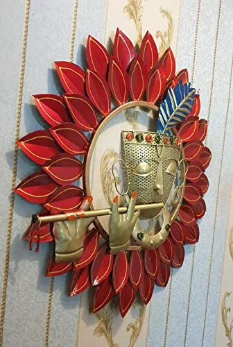 Metal Krishna Playing Basuri Round Frame Wall Hanging for Decor (23" Multicolour)