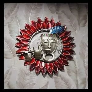 Metal Krishna Playing Basuri Round Frame Wall Hanging for Decor (23" Multicolour)
