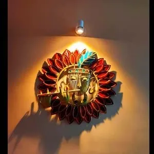 Metal Krishna Playing Basuri Round Frame Wall Hanging for Decor (23" Multicolour)