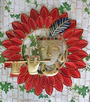 Metal Krishna Playing Basuri Round Frame Wall Hanging for Decor (23" Multicolour)
