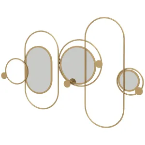 Metal Wall Mirror Decor with Coat Hooks, Modern Decorative Wall Art for Living Room Bedroom, Gold Tone
