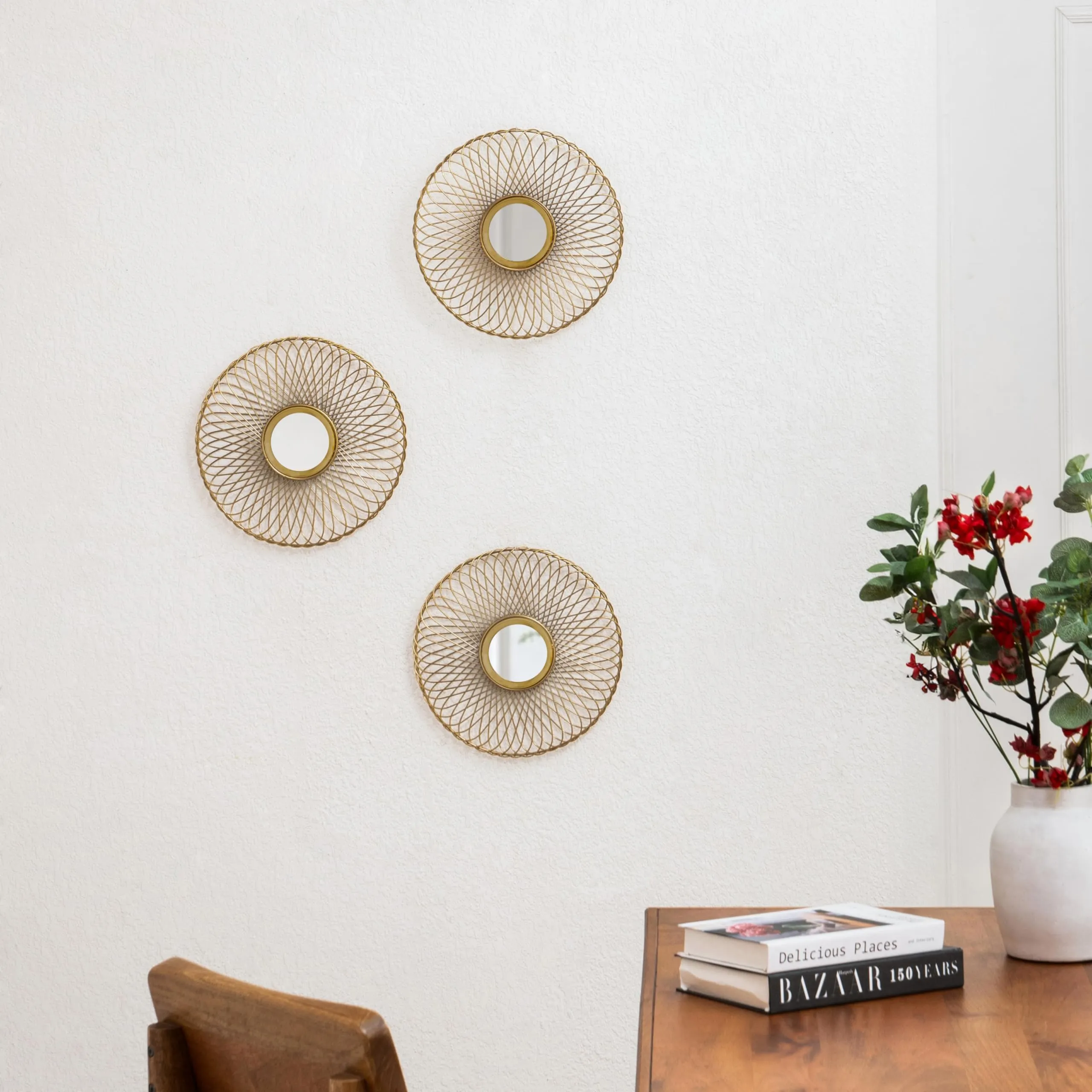 MH London Premium Gold Finish Metal Mirror Sun Wall Decor Set of 3 - Luxurious and Stylish Round Wall Decoration Items for Living Room - Anti-Rust Entryway Home Decor Items