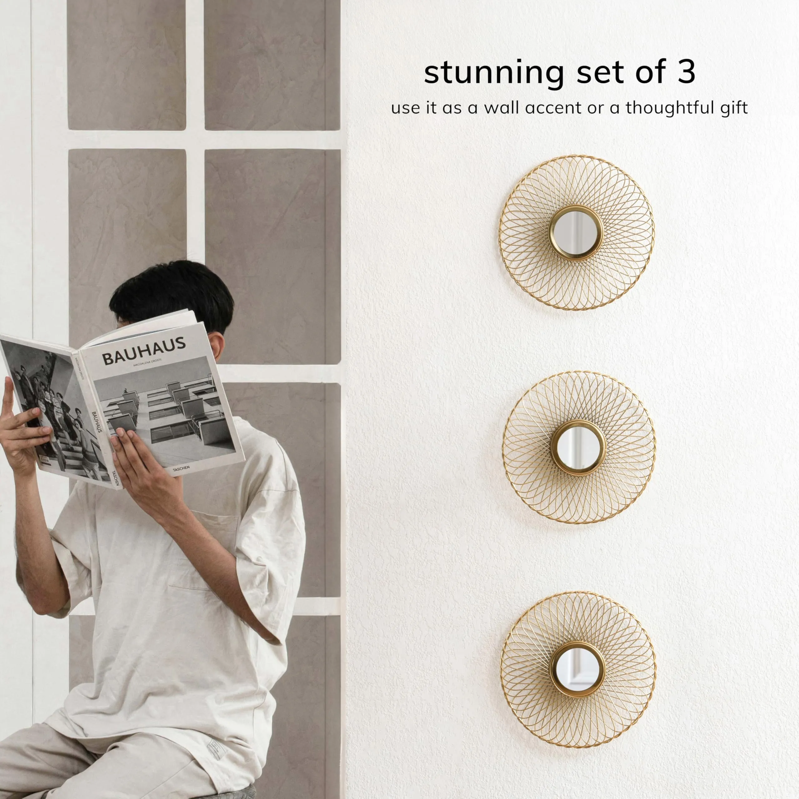 MH London Premium Gold Finish Metal Mirror Sun Wall Decor Set of 3 - Luxurious and Stylish Round Wall Decoration Items for Living Room - Anti-Rust Entryway Home Decor Items
