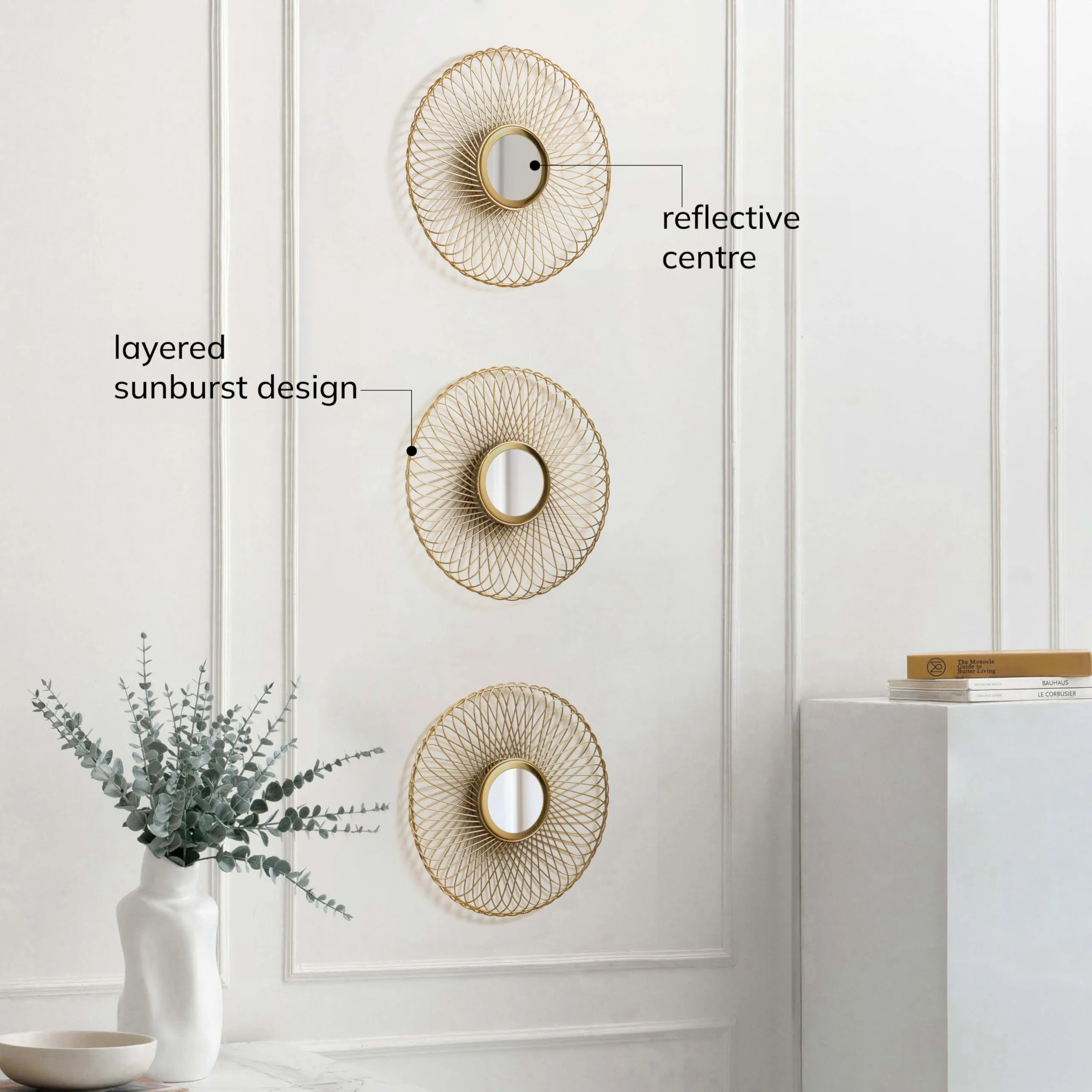 MH London Premium Gold Finish Metal Mirror Sun Wall Decor Set of 3 - Luxurious and Stylish Round Wall Decoration Items for Living Room - Anti-Rust Entryway Home Decor Items