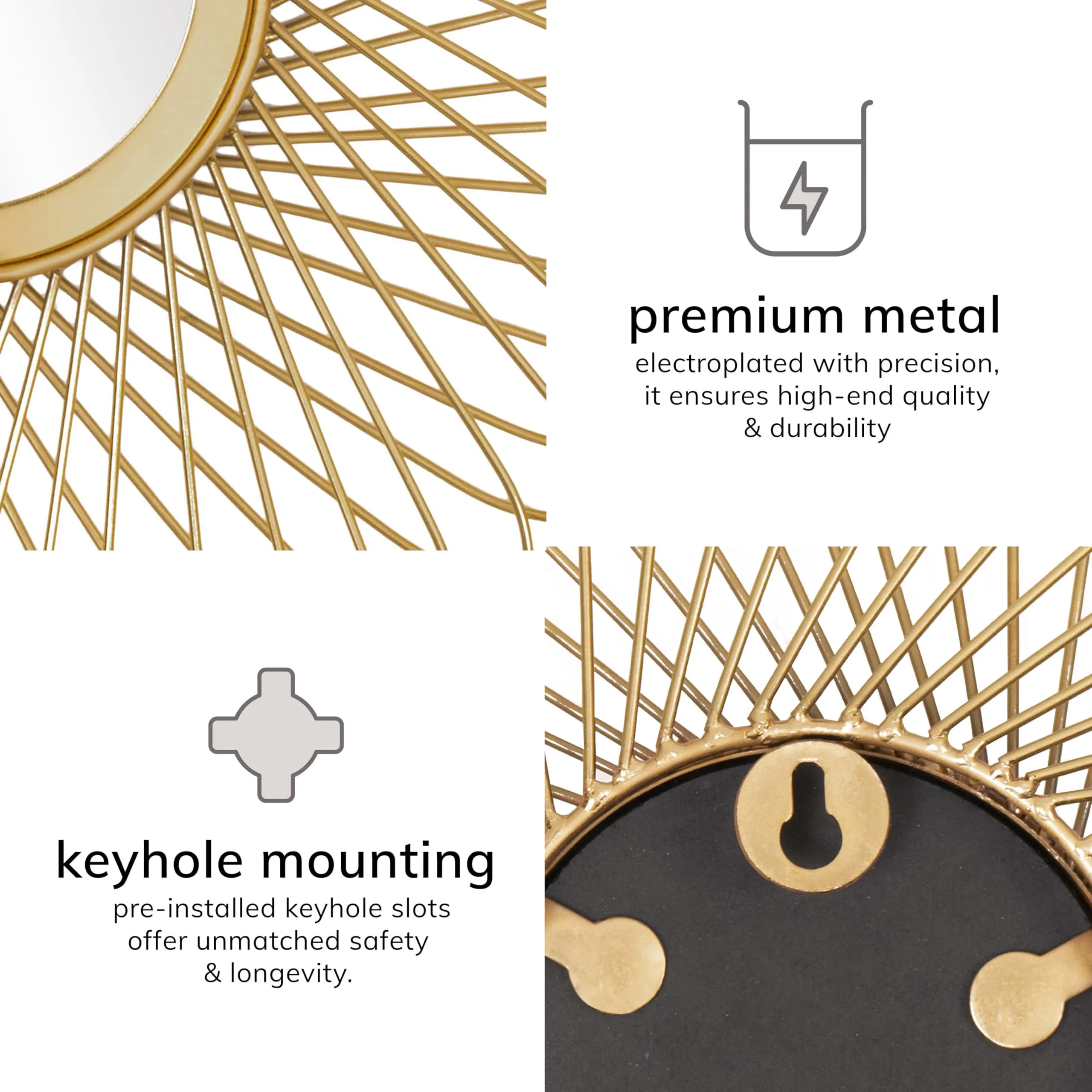 MH London Premium Gold Finish Metal Mirror Sun Wall Decor Set of 3 - Luxurious and Stylish Round Wall Decoration Items for Living Room - Anti-Rust Entryway Home Decor Items
